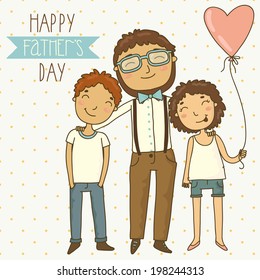 Bright card for father's day. Illustration with dad, son and daughter.