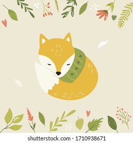 Bright card with floral elements cute fox in a scarf. Animal character design for prints, greeting cards, baby shower templates