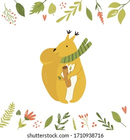 Bright card with floral elements cute squirrel in a scarf. Animal character design for prints, greeting cards, baby shower templates