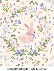 Bright card with bright flowers, daisies, crocus, tulips, green leaves and a cute rabbit. Spring flowering. Vector graphics.