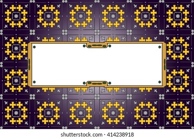 Bright card with frame for your text. Based on a purple background covered with a seamless pattern of gold and silver items. Vector image
