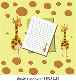 Bright card with giraffes and sheets of paper on an orange background with circles