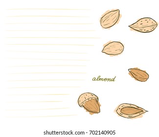 A bright card with hand drawn almonds in warm tones isolated on white