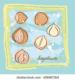 A bright card with hand drawn hazelnuts in warm tones on grunge background