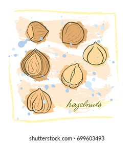 A bright card with hand drawn hazelnuts in warm tones on grunge background