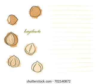 A bright card with hand drawn hazelnuts in warm tones isolated on white