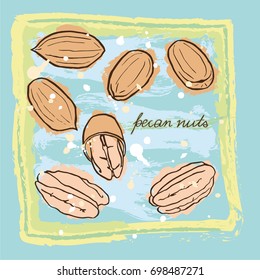 A bright card with hand drawn pecan nuts in warm tones on grunge background
