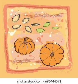 A bright card with hand drawn pumpkins and pumpkin seeds in warm tones on grunge background