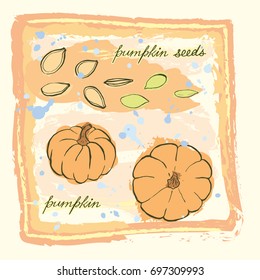 A bright card with hand drawn pumpkins and pumpkin seeds in warm tones on grunge background