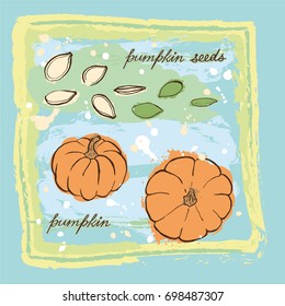 A bright card with hand drawn pumpkins and pumpkin seeds in warm tones on grunge background