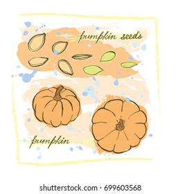 A bright card with hand drawn pumpkins and pumpkin seeds in warm tones on grunge background