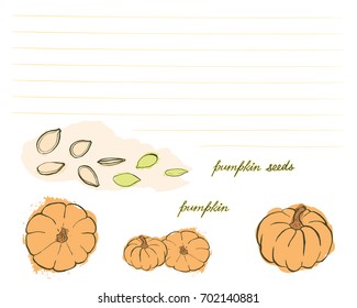 A bright card with hand drawn pumpkins and pumpkin seeds in warm tones isolated on white