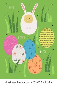 Bright card of Happy Easter. Multicolored Easter eggs on green grass.