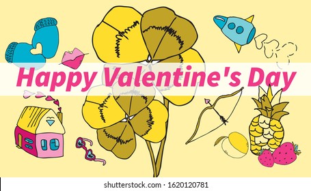 Bright card Happy Valentine's Day with doodling drawings on the background