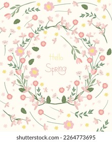 Bright card Hello Spring with blooming flowers, daisies, tulips, green leaves, hearts in a circle. Spring-summer flowering. Bright compositions are ideal for banners, posters, birthdays, weddings, etc