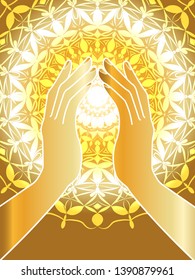 bright card with the image of hands folded in prayer on the background of openwork ornament