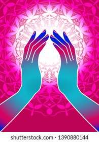 bright card with the image of hands folded in prayer on the background of openwork ornament
