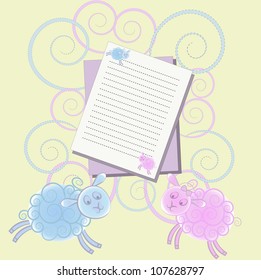 Bright card with lambs and sheets of paper