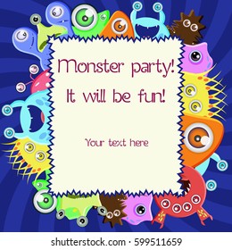 Bright card with lots of monsters and space for your text. Invitation card for a party, Halloween, birthday or other holiday. Vector illustration