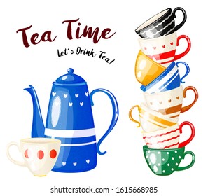 
Bright card with many tea cups and a blue teapot in cartoon style. Tea time. Vector illustration