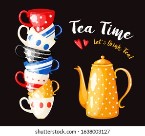 Bright card with many tea cups and a yellow teapot on dark background. Tea time. Vector illustration in cartoon style