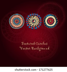 Bright card on three doodle circles background. Unique design for  invitations in vector. Cute  card made of three textured circles  in bright colors.