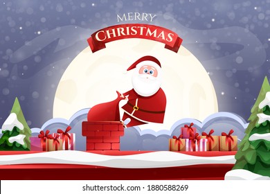 Bright card with Santa Claus. Cartoon Santa Claus stuck in the chimney on the roof with gifts on the background of the moon. Vector illustration