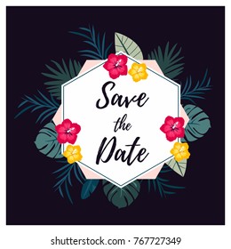 Bright card Save the date with exotic flowers