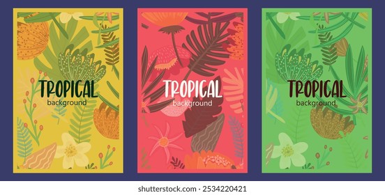 Conjunto de cartas brilhantes com folhas tropicais abstratas e flores tropicais em um estilo minimalista moderno. Modelos adequados para anúncios, banners, capas, etiquetas, cartazes e vendas. Orientação vertical.