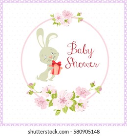 Bright card with smiling cartoon character on dotted background. Cute bunny. Floral Frame - for Invitation, Wedding, Baby Shower Card - in vector