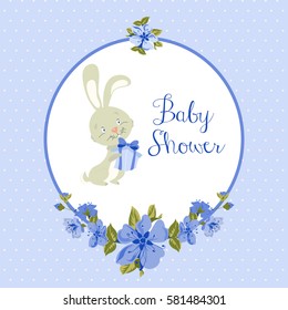 Bright card with smiling cartoon character on dotted background. Floral Frame - for Invitation, Wedding, Baby Shower Card - in vector