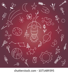 Bright card space, with the image of a comets, stars, rockets, planets, vector illustration