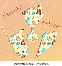 Bright card with swimming-pool icons, dessert and text: Beautiful summer. Vector. 