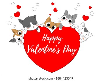 Bright card for Valentine's Day with cats and hearts. Cute fluffy kittens with a heart congratulate you on the holiday. Vector illustration