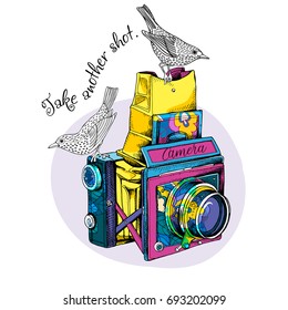 Bright card. Vintage Camera in a floral pattern with a birds. Vector illustration.