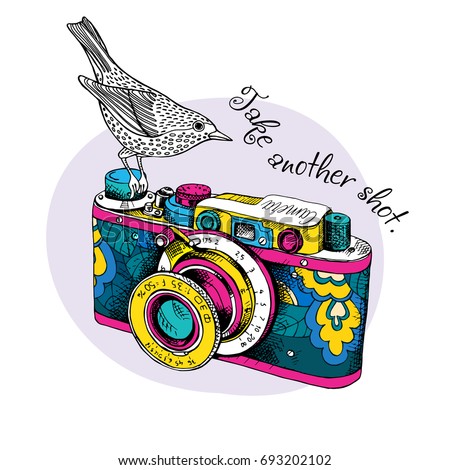 Bright card. Vintage Camera in a floral pattern with a bird. Vector illustration.