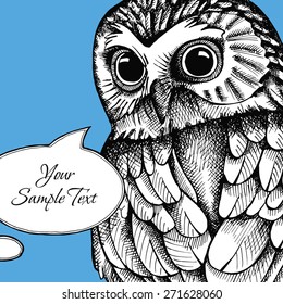 Bright card for your text with image of an owl on blue background. Vector illustration.