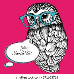 Bright card for your text with image of an owl with glasses on pink background. Vector illustration.