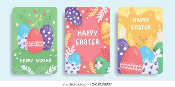 Bright cards Happy Easter. Postcards with Easter eggs. Vector.