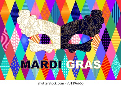 Bright carnival card. Golden mask on colorful geometric background. Template for posters, banners, party invitations.
