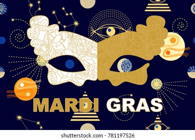 Bright carnival card. Golden mask on dark sky background. Template for posters, banners, party invitations.