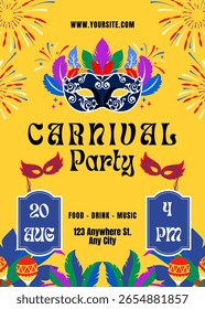 Bright carnival mask flyer design featuring festive fireworks, yellow background, decorative feathers and text placeholders. Perfect for event promotions and party invitations.