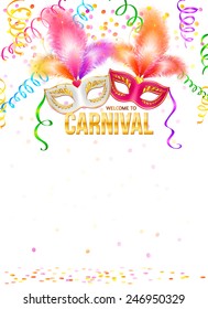 Bright carnival masks with confetti and golden sign on white background, vector party poster template