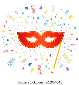 Bright carnival masks with confetti on white background,  vector party poster template