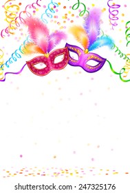 Bright carnival masks with confetti and serpentine on white background, vector party poster template