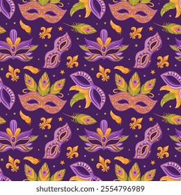 Bright carnival masks decorated with colorful feathers and fleur de lis for Mardi Gras celebrations. Seamless pattern. vector illustration in flat style is ideal for wallpaper, textile, background.