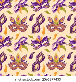 Bright carnival masks decorated with colorful feathers and fleur de lis for Mardi Gras celebrations. Seamless pattern. vector illustration in flat style is ideal for wallpaper, textile, background.