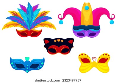 Bright carnival masks, a mask with feathers,   decorative  , a mask with cat ears, a regular eye  , a butterfly  , clipart, bright illustrations