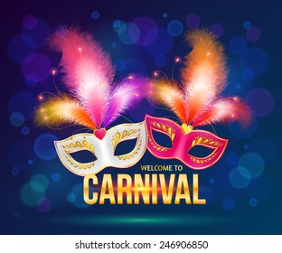 Bright carnival masks on dark blue background, vector flyer template