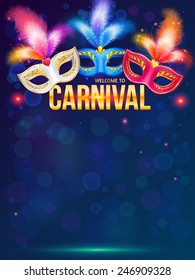 Bright carnival masks on dark blue background vector poster template